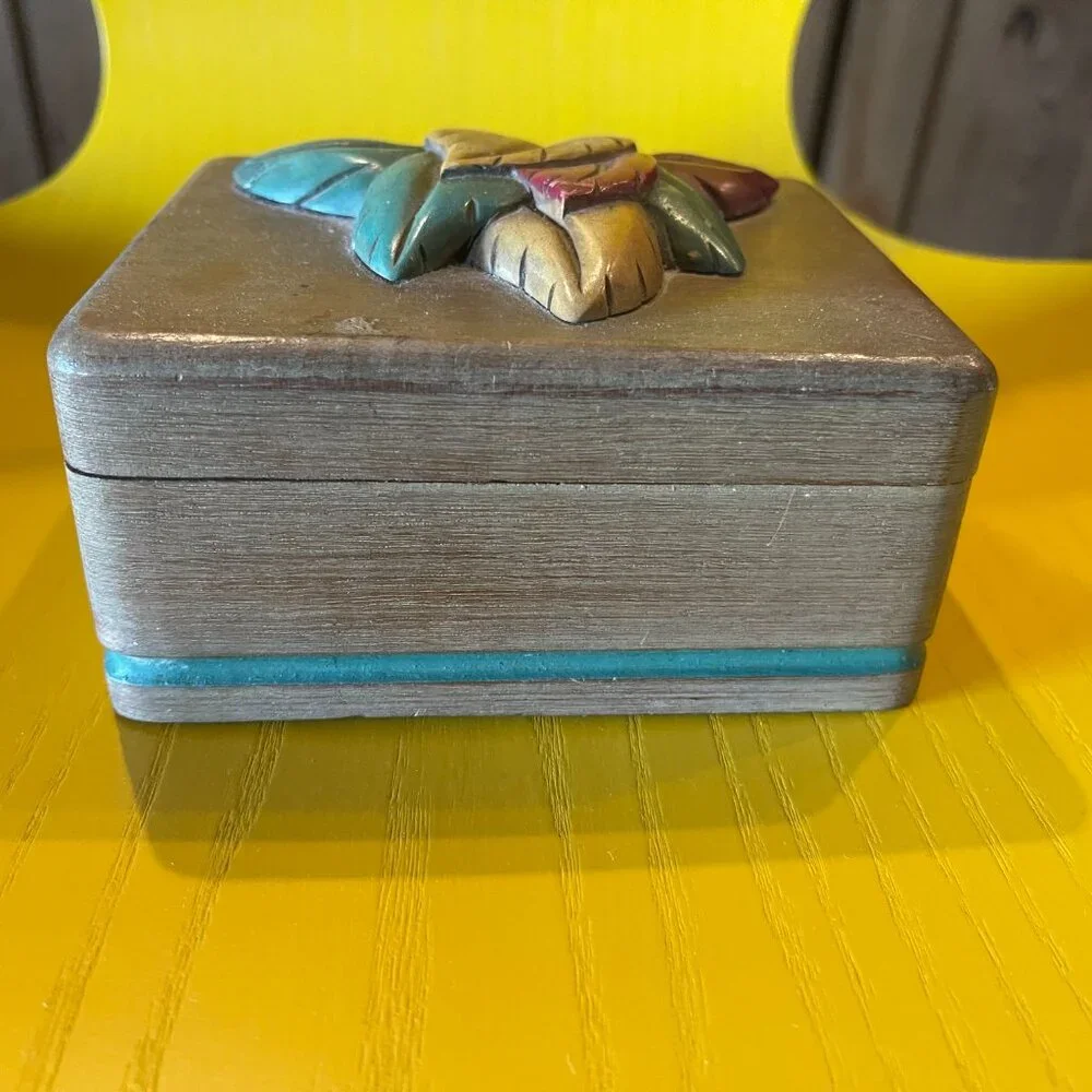 Vintage Art Deco Folk Art Wood Paint Jewelry Box
